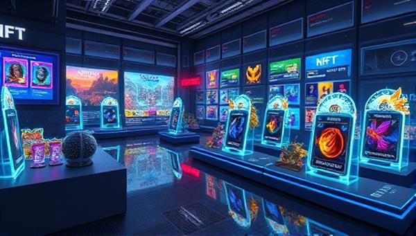 A digital marketplace showcasing a variety of vibrant and detailed NFT collectible cards, each with unique designs and attributes, displayed in a futuristic virtual environment with holographic card displays and animated card interactions, highlighting the platform