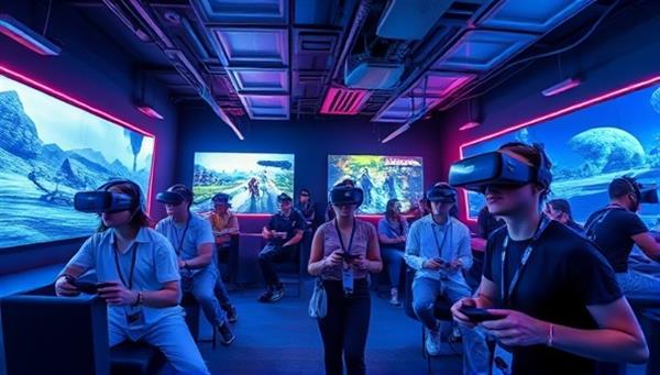An immersive VR gaming lounge adorned with futuristic decor, customers donning VR headsets and controllers, engaging in dynamic gameplay experiences, surrounded by digital landscapes and interactive challenges, epitomizing the fusion of technology and entertainment.