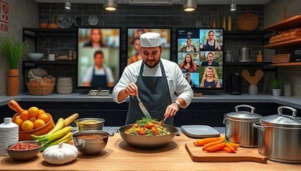 A virtual cooking workshop setup with a chef preparing a dish while interacting with an online audience, showcasing ingredients, cooking equipment, and a live demonstration of culinary techniques, capturing the essence of an engaging and interactive virtual cooking experience.