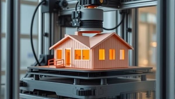 An innovative 3D printer constructing modular housing components with precision and speed, showcasing the futuristic technology and sustainable building practices of 3D printed modular housing solutions in a captivating visual representation.