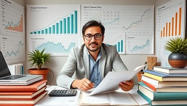 An educational image of a virtual personal finance masterclass, featuring a financial expert sharing insights on investment strategies and wealth-building tips, surrounded by financial charts, calculators, and money management books, illustrating empowerment and financial enlightenment.