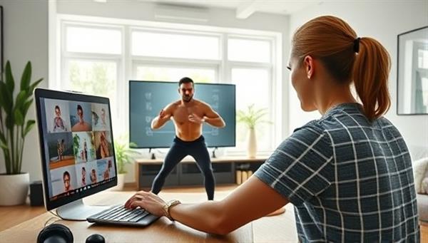 A virtual fitness coach conducting an online workout session with a client in a bright and modern home gym setup, showcasing motivation and guidance in a digital fitness environment.