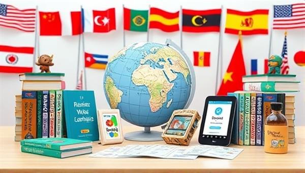 A digital workspace showcasing diverse language learning materials like books, flashcards, and language apps, with a globe and language flags in the background, symbolizing cultural diversity and learning opportunities.