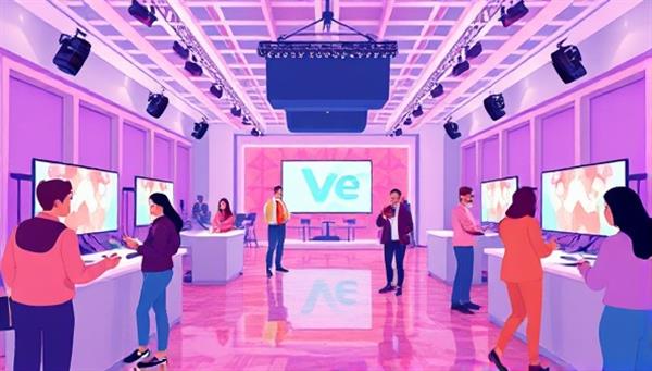 An illustration of a virtual event space with customizable avatars interacting in a digitally rendered venue, highlighting the platform