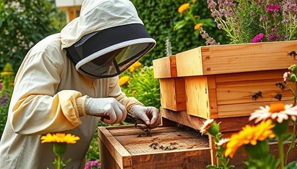 An engaging image of a beekeeper in protective gear inspecting a beehive in a lush urban garden, with bees buzzing around colorful flowers and plants, conveying the harmony between urban beekeeping, nature conservation, and sustainable honey production.