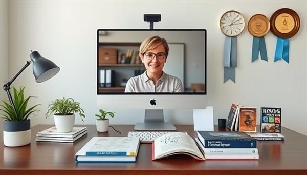 A virtual office setting with a career coach providing advice to a client via video call, career development books and resources on a desk, and industry awards on the wall, symbolizing the essence of virtual career coaching and mentorship services.