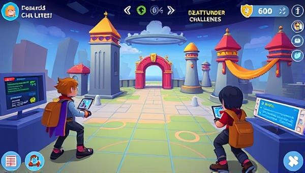 A virtual world interface where students navigate through coding challenges and quests, earning virtual rewards and progressing through levels, illustrating the gamified and interactive learning environment of CodeQuesters.