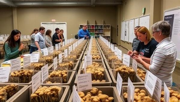 An inviting workshop setup with rows of mushroom growing kits, instructional materials, and a knowledgeable instructor guiding a group of participants in hands-on mushroom cultivation, fostering a sense of community and learning.