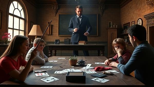 A mystical virtual classroom setting with a magician demonstrating a magic trick to a group of students, wands, decks of cards, and mysterious props scattered around, evoking a sense of wonder and learning in the magical arts.