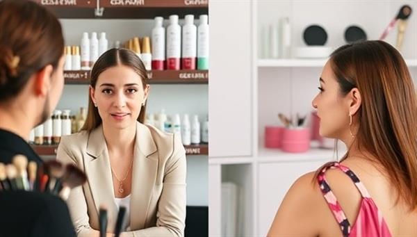 A split-screen image showing a beauty consultant engaging in a virtual consultation with a client, surrounded by shelves of skincare products and makeup brushes, establishing a professional and personalized beauty advisory setting.