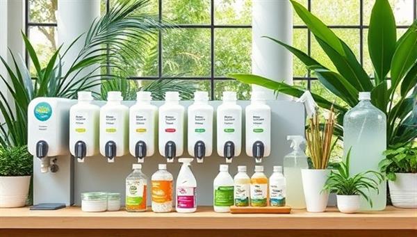 A modern refill station setup with rows of eco-friendly cleaning product dispensers, refillable containers, and sustainable cleaning tools, surrounded by lush greenery and natural elements, conveying a clean and eco-conscious lifestyle choice for customers focused on sustainability.
