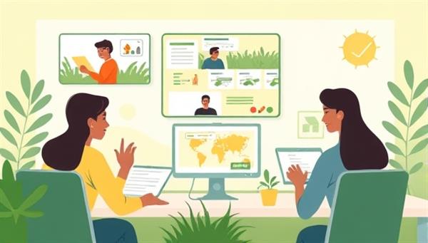 A digital illustration featuring a diverse group of learners engaging in an online agricultural training session, with virtual classrooms, interactive modules, and agricultural tech demos, highlighting the dynamic and educational atmosphere of AgriSkill Academy