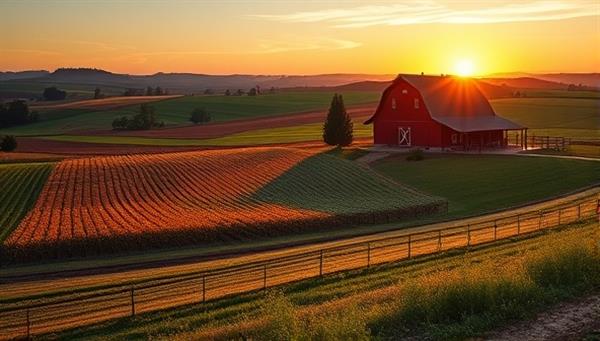 A picturesque farm landscape with rolling hills, colorful fields, and a rustic barn at sunset, inviting visitors to immerse themselves in the beauty and tranquility of Harvest Haven Retreat, a perfect getaway for nature lovers and agricultural enthusiasts.