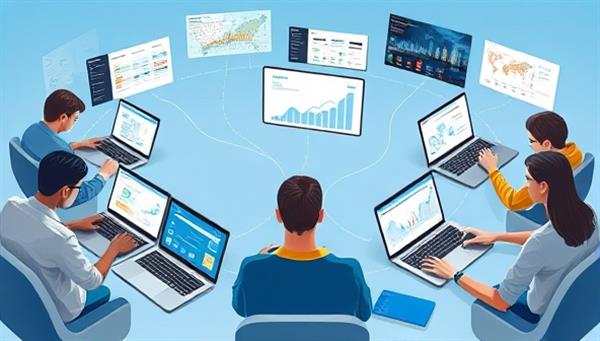 A dynamic visual of a diverse group of financial freelancers working on laptops in different locations, connected through the Fintech Freelance Hub platform, with virtual project boards, financial charts, and collaboration tools on the screens, illustrating the flexibility and efficiency of online financial services.