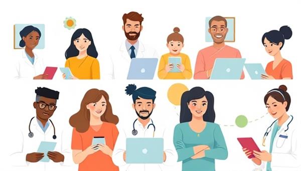 An illustration of a diverse group of individuals engaging in virtual consultations with healthcare professionals on various devices, showcasing the accessibility and inclusivity of telehealth services.