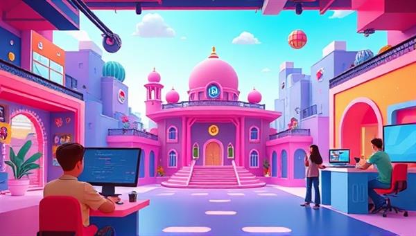 An animated depiction of a virtual design world with vibrant colors, gamified challenges, and avatars engaging in creative tasks, illustrating an immersive learning environment for web design enthusiasts.