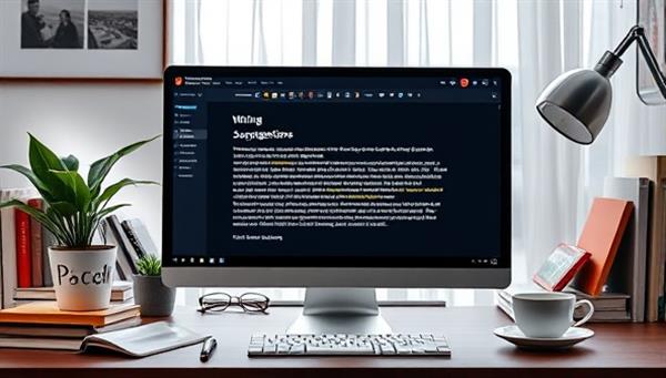 A sleek and modern computer screen displaying a writing interface with colorful AI-powered suggestions popping up, surrounded by a creative workspace with books, a plant, and a cup of tea, illustrating a seamless writing experience.