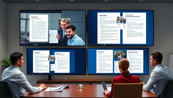 A virtual meeting room scene with business professionals discussing government contracts on multiple screens, with documents and contract templates displayed digitally, illustrating remote advisory services for government contracting success.
