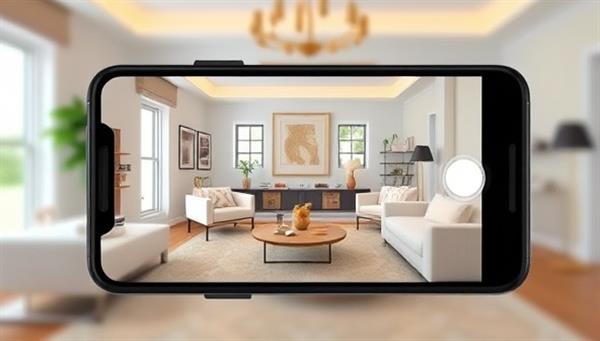 A smartphone screen displaying an AR app interface with virtual products placed in a stylish living room setting, showcasing the app
