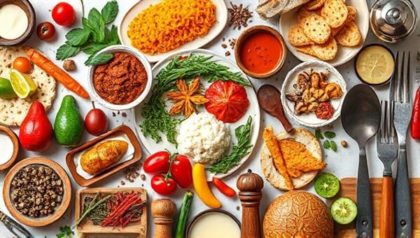 A mouth-watering digital collage featuring a colorful array of global cuisines, exotic spices, and cooking utensils, evoking the sensory delights of virtual food tour experiences in the comfort of one