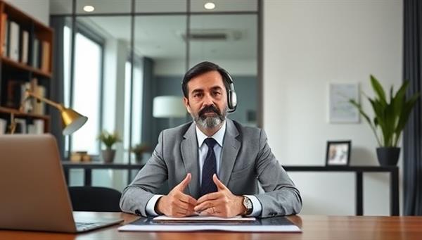 An image of a virtual legal consultation setup with a professional attorney providing advice on a real estate contract via video call, illustrating the convenience and expertise of online legal services.