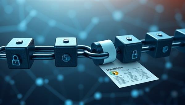 An artistic representation of interconnected blocks forming a secure chain, symbolizing blockchain technology, with financial documents flowing through the chain, showcasing transparency and trust in accounting verification.