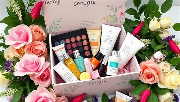 A beautifully designed box overflowing with colorful beauty products like skincare serums, makeup palettes, and luxurious creams, surrounded by fresh flowers and lush greenery, exuding a sense of luxury and personalization.
