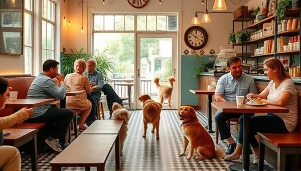 A cozy cafe setting with pet-friendly seating areas, playful pet toys scattered around, and happy pet owners enjoying coffee while their furry friends interact and play in a designated pet play zone, creating a vibrant and welcoming atmosphere for pet lovers.
