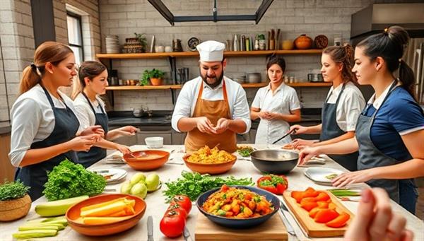 A dynamic virtual cooking class scene with a chef leading a group of participants in preparing a delicious dish, featuring a variety of fresh ingredients, cooking utensils, and culinary tools, creating a vibrant and interactive culinary atmosphere.
