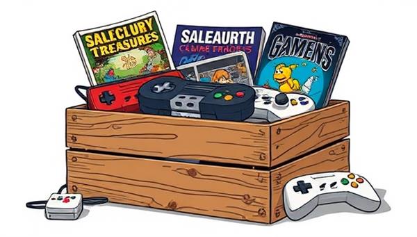 An artistic illustration of a vintage wooden crate filled with retro game cartridges, controllers, and gaming posters, evoking a sense of nostalgia and excitement for classic gaming treasures.