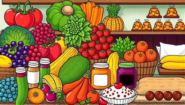 A colorful digital illustration of a diverse array of fresh produce, homemade jams, and baked goods displayed on a virtual marketplace platform, symbolizing the community spirit and sustainability of food sharing on HarvestShare Exchange.