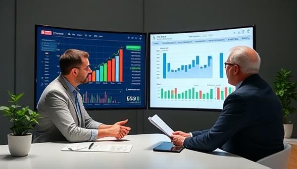 A professional virtual financial planning session setup featuring a finance coach discussing investment strategies with a client, with financial charts, budgeting tools, and retirement planning resources displayed on screen, creating a focused and informed financial planning environment that promotes financial empowerment and wealth-building.