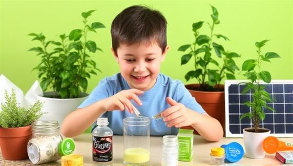 A child enthusiastically conducting a hands-on experiment from a GreenGenius Kit, surrounded by recycled materials, plants, and solar panels, emphasizing the eco-friendly and educational aspects of the subscription service.