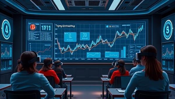 A futuristic digital classroom setting with holographic charts displaying cryptocurrency trends, surrounded by students wearing virtual reality headsets, symbolizing cutting-edge education in the crypto industry.