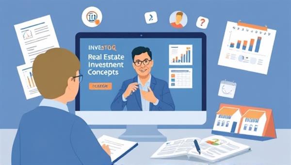 An illustration of a virtual coaching session with a mentor explaining real estate investment concepts on a digital screen, surrounded by notes, charts, and property listings, symbolizing the guidance provided by InvestorIQ Mentorship.