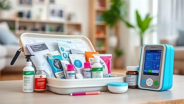 A visually appealing image of a neatly arranged home health kit with medical supplies, wellness products, and a digital health monitoring device, set against a backdrop of a cozy home environment, showcasing convenience and personalized care.