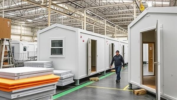 An assembly line producing prefabricated disaster-resistant shelters with workers stacking durable panels and installing emergency systems, conveying the efficiency and preparedness of SafeHaven Shelters in providing critical housing solutions during emergencies.