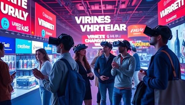 An artistic depiction of a VRiseMark VR marketing campaign, showing consumers immersed in a virtual brand world, interacting with products and engaging with branded content in a captivating and futuristic setting, symbolizing the power of VR marketing experiences.