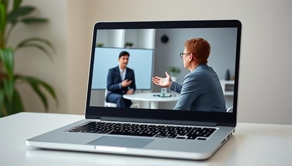 A laptop displaying a virtual interview setup with a professional coach providing feedback to a client on the screen, showcasing a collaborative and supportive environment.