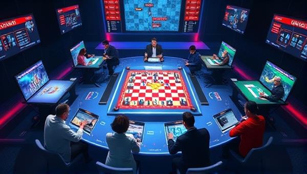 An engaging visual representation showcasing a virtual board game tournament scene with players competing in various games like chess, Scrabble, and Monopoly on digital interfaces, displaying intense gameplay and strategic moves, capturing the excitement of online board game competitions.