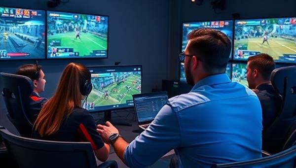 A professional e-sports coach conducting a virtual training session with a group of focused gamers, surrounded by screens displaying gameplays and strategies, illustrating the immersive and educational experience of ProPlay Academy.