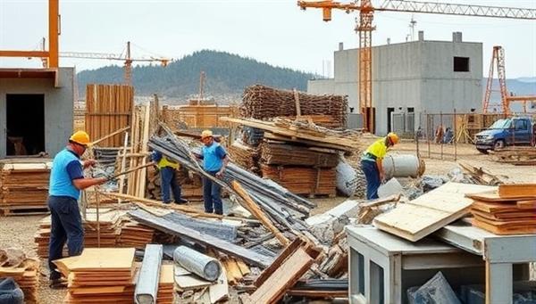 A construction site with workers sorting and recycling materials like wood, metal, and concrete, showcasing the eco-friendly practices and commitment to sustainability by ReBuild Recycle in the construction industry.