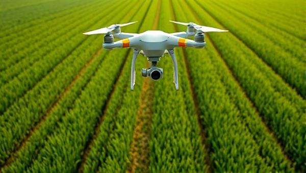 An aerial view of a lush green field with a drone flying overhead, capturing detailed images of crop rows and soil patterns, illustrating the potential of drone-based agricultural monitoring for precision farming.