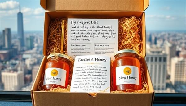 An image of an elegant subscription box filled with jars of golden honey, accompanied by a handwritten note detailing the honey varieties and their unique flavor profiles, set against a backdrop of urban skyline views, symbolizing the fusion of city living and artisanal honey craftsmanship.