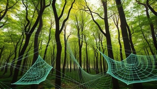 An artistic representation of a digital forest with interconnected webs symbolizing eco-friendly web design, showcasing a harmonious blend of nature and technology in a visually captivating manner.