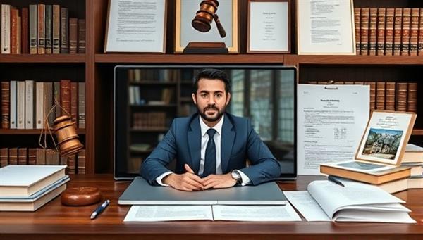 An online legal consultancy platform interface with a virtual attorney providing advice on real estate legal matters via video call, surrounded by legal documents, property contracts, and a virtual law library, illustrating the convenience and professionalism of online legal services for real estate.