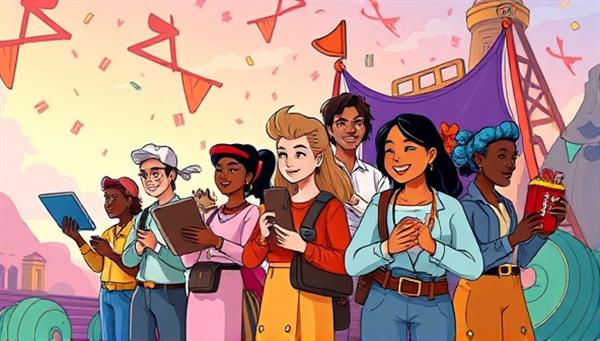 An animated illustration of a diverse group of customers embarking on a digital quest filled with colorful challenges and rewards, capturing the excitement and engagement of LoyaltyQuest