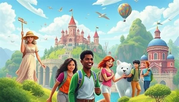 An engaging visual of diverse characters exploring a vibrant virtual world filled with financial challenges and educational landmarks, capturing the excitement and adventure of learning financial skills through gamification.