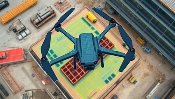 An aerial view captured by a drone showing a construction site with detailed topographic mapping, structural analysis overlays, and real-time data transmission to a ground station, illustrating the advanced capabilities and precision of drone inspection and surveying services in the construction industry.