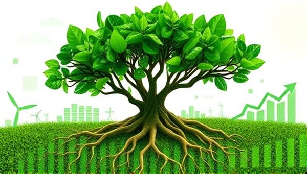 An artistic representation of a lush green landscape with interconnected roots symbolizing network and growth, overlaid with financial charts and green energy symbols, reflecting the fusion of environmental impact and financial growth in sustainable investments.